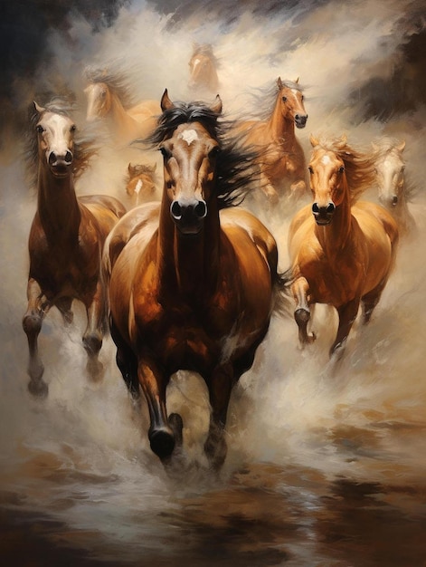 a painting of horses running in the water