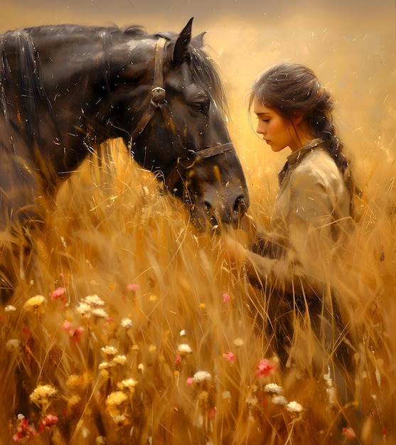 A painting of a horsewoman and a horse in a field of flowers and grass