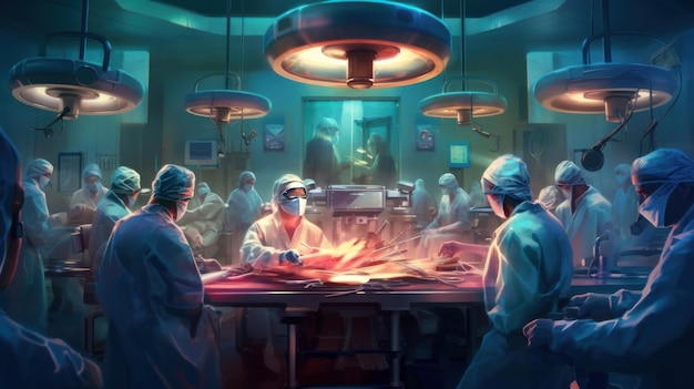 A painting of a hospital room with a group of surgeons and a woman wearing a mask and a hat.