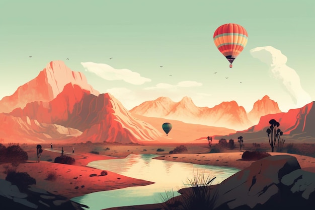 A painting of a hot air balloon floating over a river.