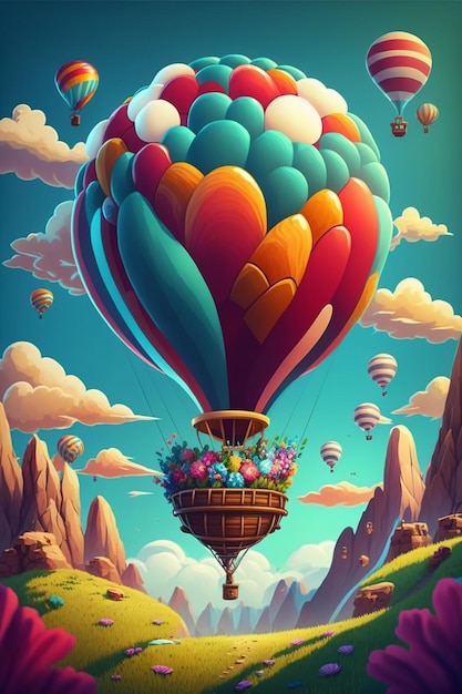 a painting of a hot air balloon flying over a lush green hillside generative ai