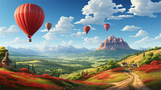 a painting of a hot air balloon flying over a mountain