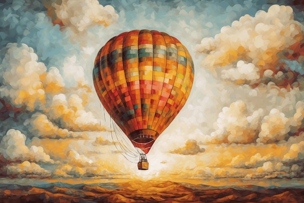 A painting of a hot air balloon flying over the ocean.