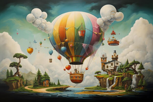 a painting of a hot air balloon with a boat in the background.