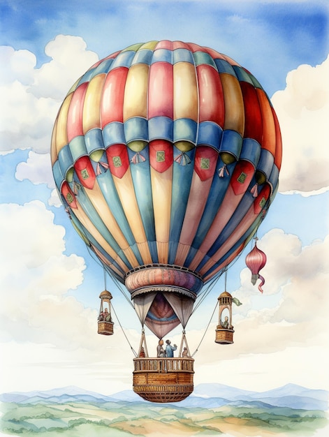 Painting of a hot air balloon with people in it flying in the sky generative ai