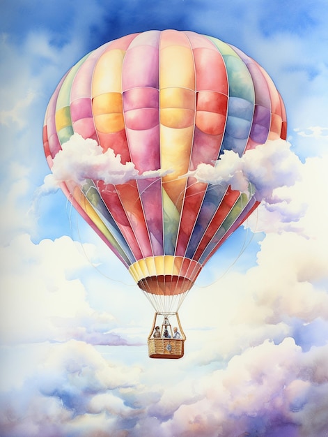 Painting of a hot air balloon with two people in it flying through the sky generative ai