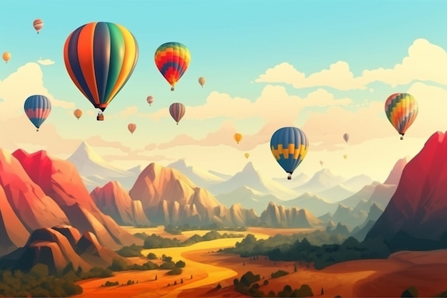 A painting of hot air balloons flying over a mountain.