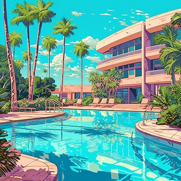 a painting of a hotel with palm trees and a pool.