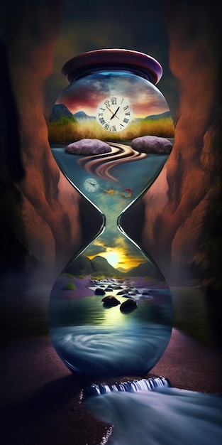 Painting of a hourglass with landscape and river generative ai