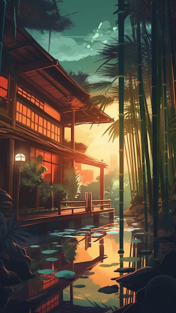 A painting of a house in a bamboo forest.