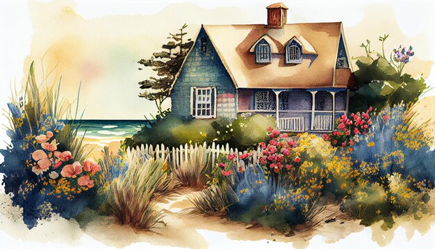 A painting of a house on the beach