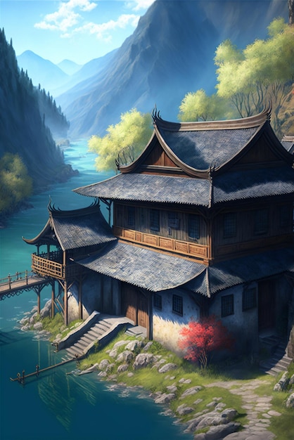 Painting of a house next to a body of water generative ai