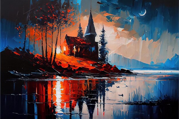 A painting of a house by the lake with the moon in the sky.