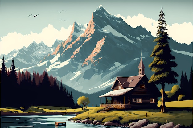山を背景にした湖畔の家を描いた絵。