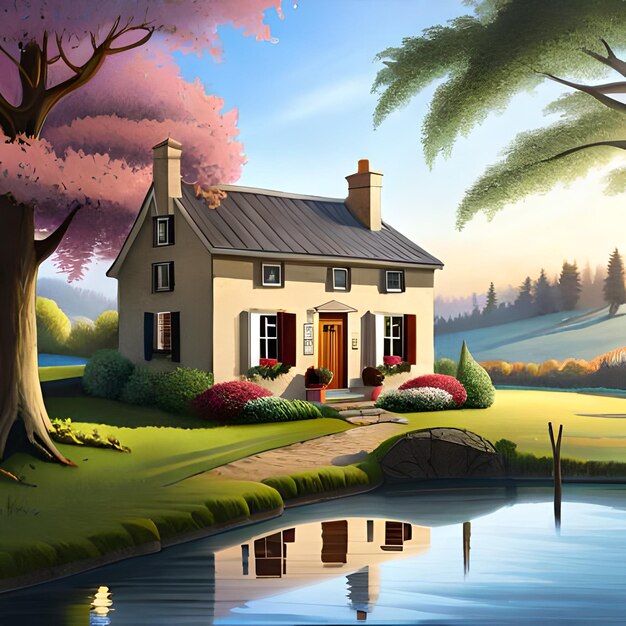 A painting of a house by the lake with a tree in the foreground.