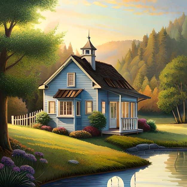 A painting of a house by the lake