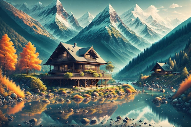 A painting of a house by the lake