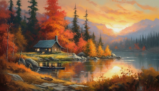 A painting of a house by the lake