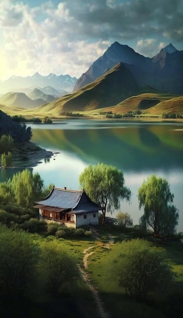 A painting of a house by the lake