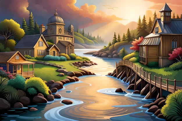 A painting of a house by the river with a bridge and the sun shining on it