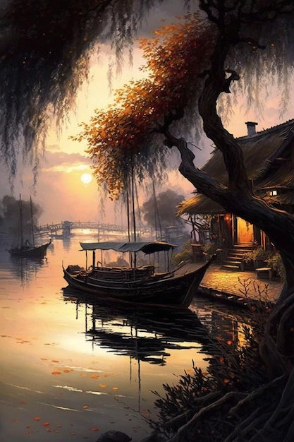 A painting of a house by the river