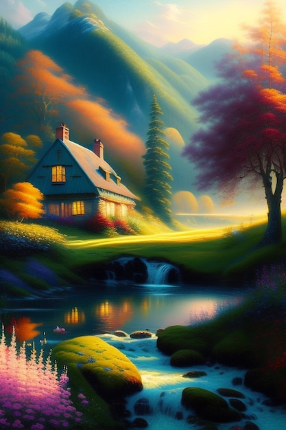 A painting of a house by the river