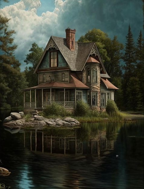 A painting of a house by the water with a cloudy sky in the background.