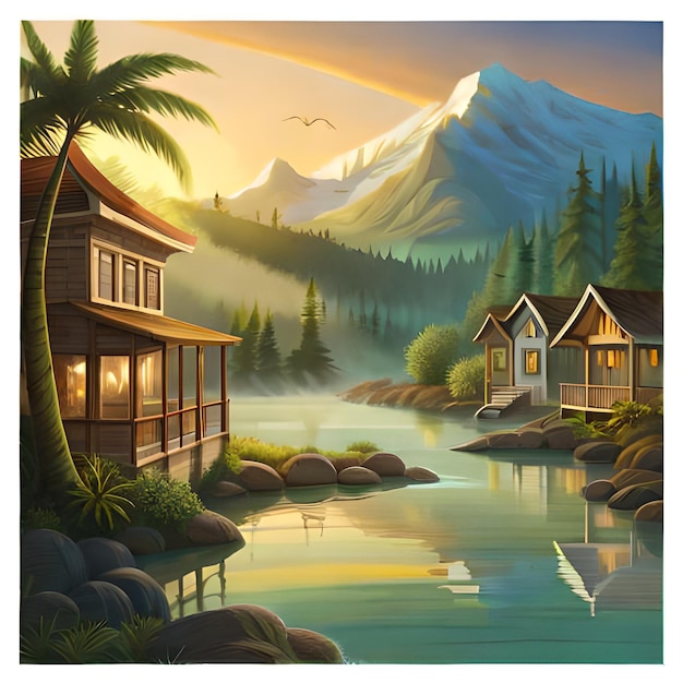 A painting of a house by the water with mountains in the background.