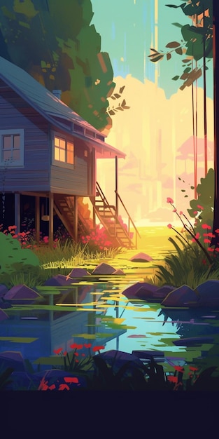 A painting of a house by the water with a sunset in the background.