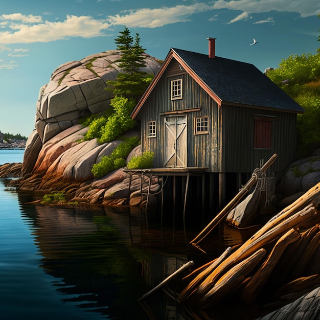 A painting of a house by the water