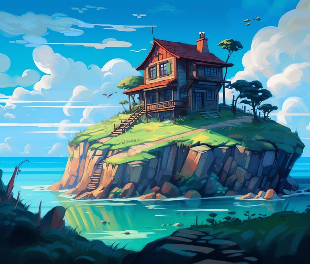 A painting of a house on a cliff by person.