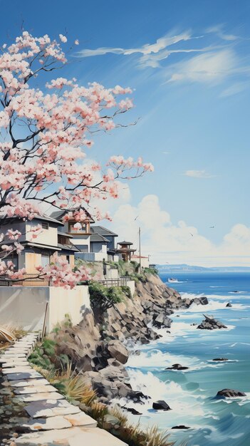 painting of a house on a cliff overlooking the ocean generative ai