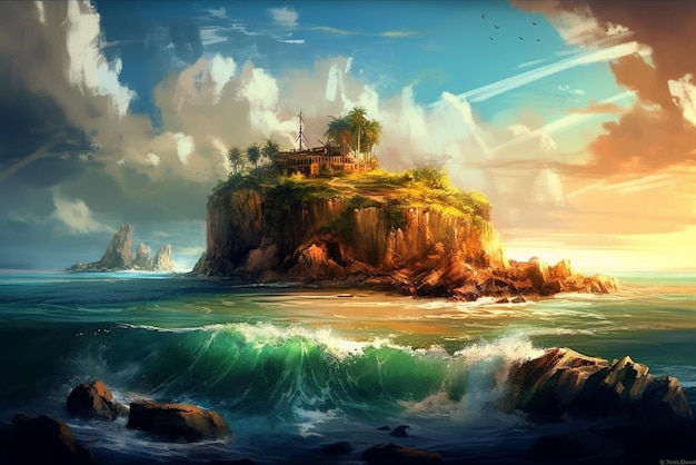 A painting of a house on a cliff overlooking the ocean