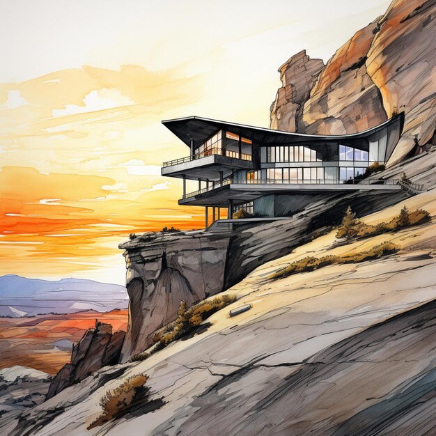 painting of a house on a cliff overlooking a valley at sunset generative ai