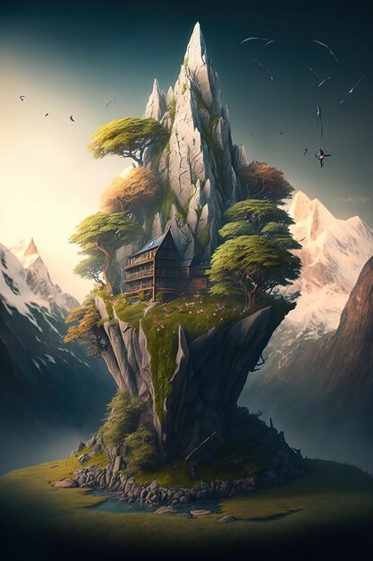 a painting of a house on a cliff with a mountain in the background