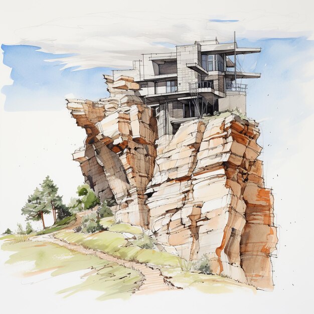 painting of a house on a cliff with a sky background generative ai