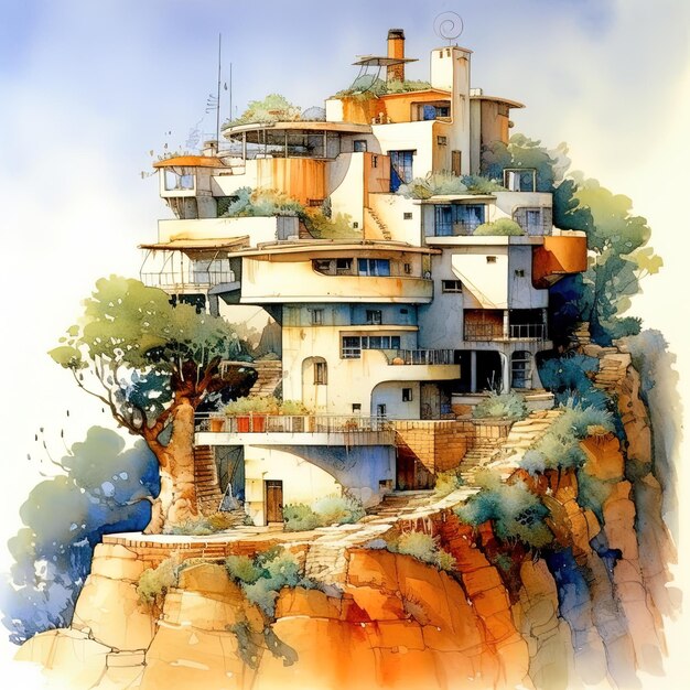 a painting of a house on a cliff with a tree on the top.