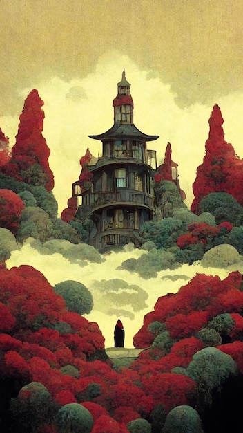 A painting of a house in the clouds with a person standing in front of it.