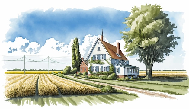 A painting of a house in the countryside