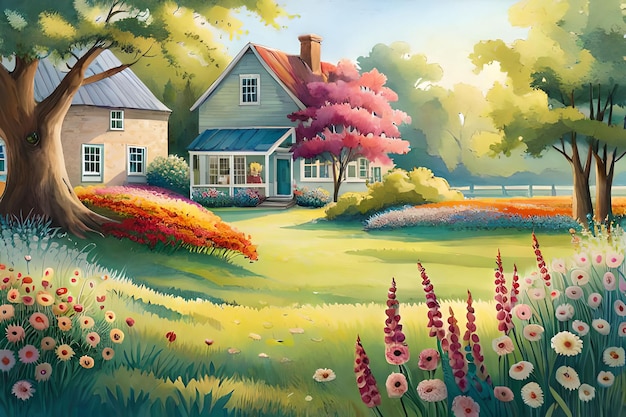 A painting of a house in a field of flowers