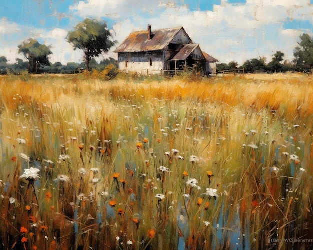 A painting of a house in a field of flowers