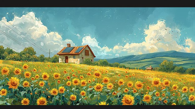 Photo a painting of a house in a field of sunflowers