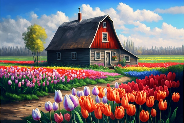 A painting of a house in a field of tulips.