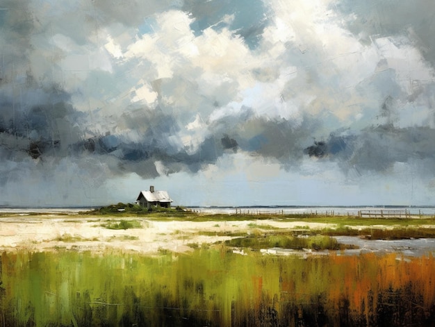 Painting of a house in a field with a cloudy sky generative ai