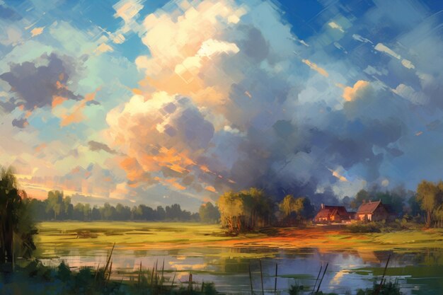 painting of a house in a field with a lake and clouds generative ai