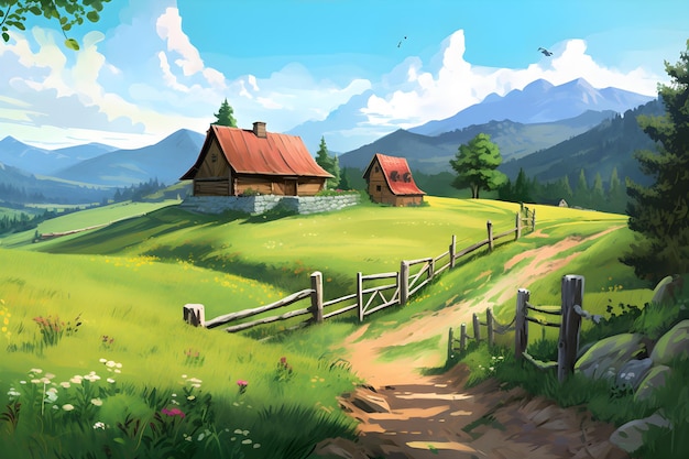 A painting of a house in a field with mountains in the background.