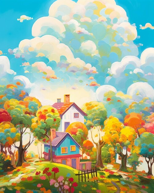 木と花のある野原にある家の絵の生成ai