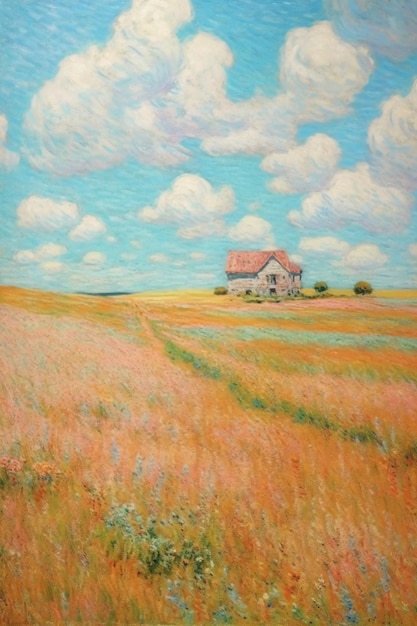 A painting of a house in a field