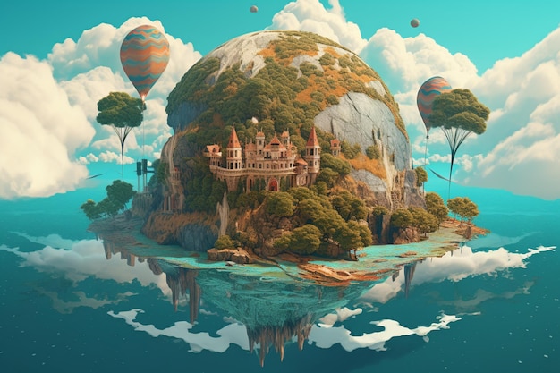 A painting of a house on a floating island with a castle on it.