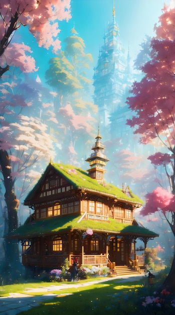 Painting house in forest with flowers